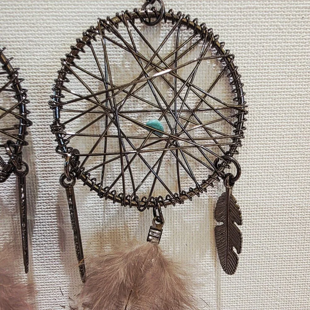 Dreamcatcher Metal Woven Feather Accent Large Long SW Dangle Pierced Earrings